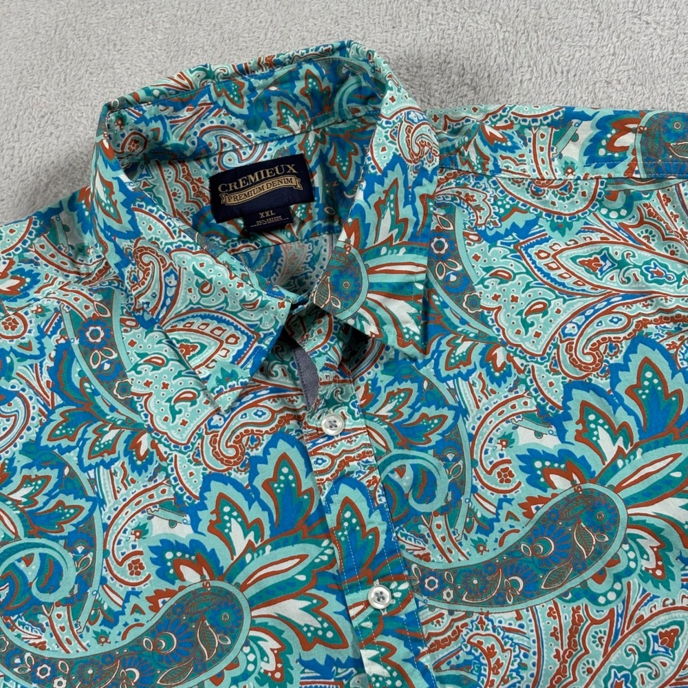 Cremieux Premium Denim Mens XXL Short Sleeve Paisley Button Down Shirt Teal Blue